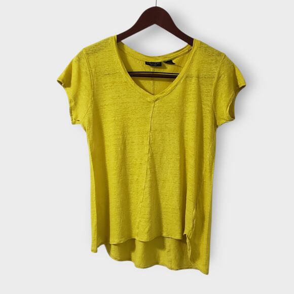 Tahari Womens 100% Linen SS T-shirt Size Med Yellow Asymmetrical Summer Casual - Picture 1 of 10